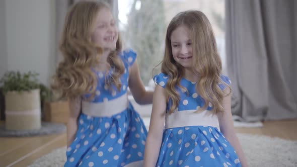 Cheerful Caucasian Little Girl Looking at Twin Sister and Caressing Her Hair. Smiling Children in