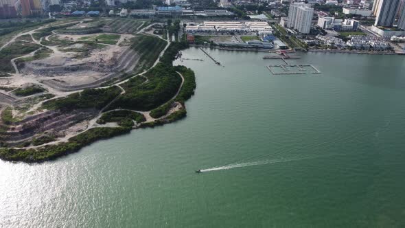 Aerial view boat move over rubbish dump site