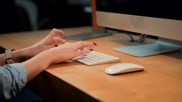 Study Online Work Typing Email. Girl Sitting And Typing On Laptop. Freelance With Computer