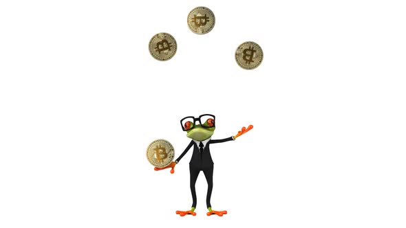 Fun 3D green frog juggling with bitcoins