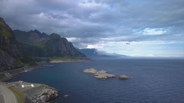 Flight Over the Sea Coast of the Lofoten Islands