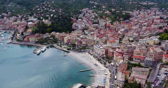 Touristic Beach City Near Portofino of Italy Coast of Genova, Aerial