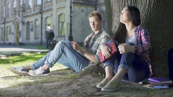 Male and Female Strangers Sitting Under Tree, Having Conversation, Acquaintance