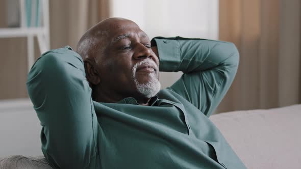 Portrait of Contented Elderly African American Man Smiling Happy Carefree Grandpa Resting at Home