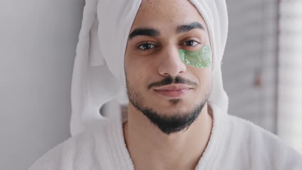Funny Portrait Male Face Smiling Indian Arabian Man Wearing Bath Towel on Head Glue Sticky Hydrogel