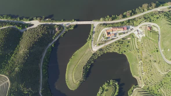 Quinta do Tedo drone view of s shape bend river in Douro wine region, in Portugal