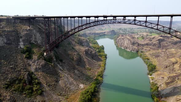 Aerial of the Perrine Bridge over the snake river in Idaho