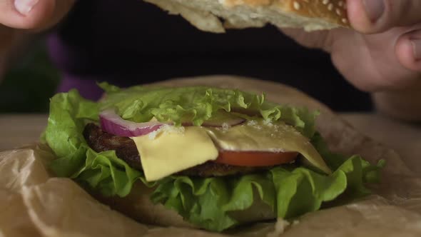 Male Carefully Cooking Cheeseburger Sandwich, Junk Food Addiction