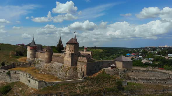 Aerial Drone View of Medival Fortress Castle in historic city of Kamianets-Podilskyi, Ukraine.