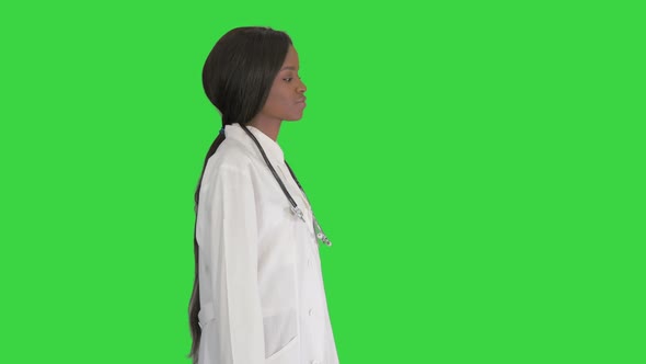 Sad African American Female Doctor Walking Hands Her Pockets Green Screen Chroma Key