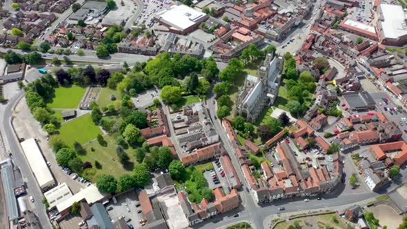 Aerial footage of the historical Selby Abbey in the town of Selby in York North Yorkshire in the UK 