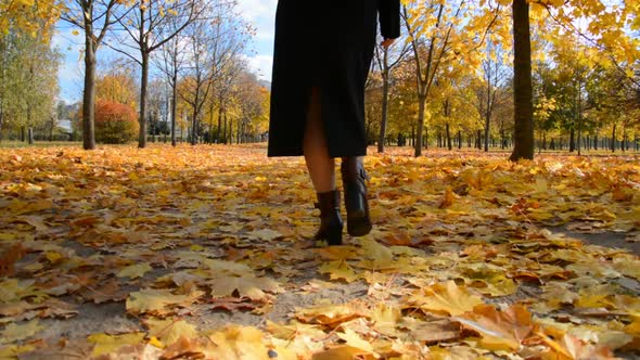 Female Feet Close in Autumn Walk