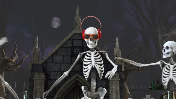 Dj Skeleton in a graveyard pary