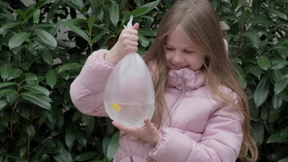 Little Girl in Pink Jacket on Background of Green Foliage Holding Small Gold Fish in Transparent