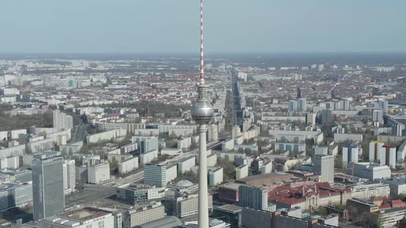 AERIAL: Wide View of Empty Berlin, Germany Alexanderplatz TV Tower with Almost No People or Cars on