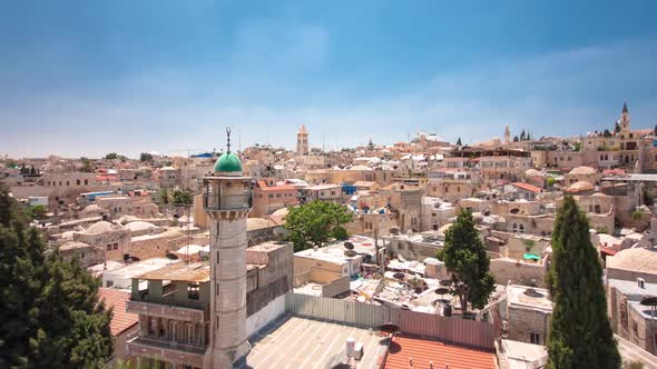 Skyline of the Old City in Jerusalem with Historic Buildings Aerial Timelapse Hyperlapse Israel
