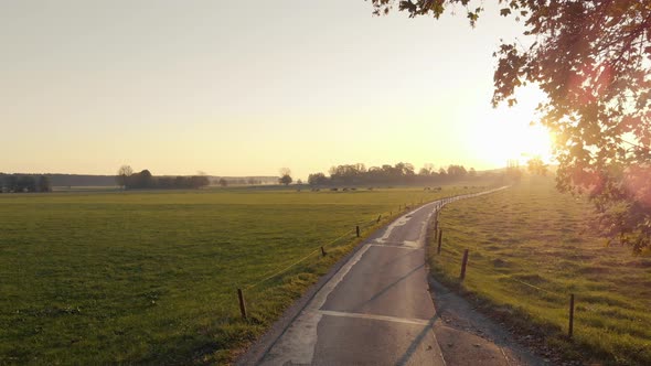 Aerial clip of a field and a little road in the Bavarian Alps area, during sunset. In the background