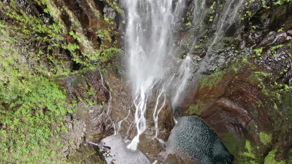 Aerial view of Risco waterfall in Rabacal, Paul da Serra, Madeira, Portugal