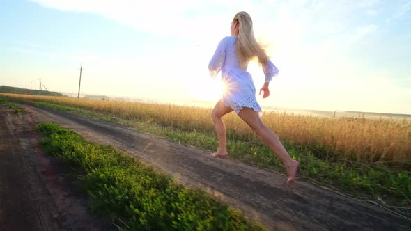 Beauty Girl Running on Yellow Wheat Field. Freedom Concept, Happy Woman Outdoors, Harvest