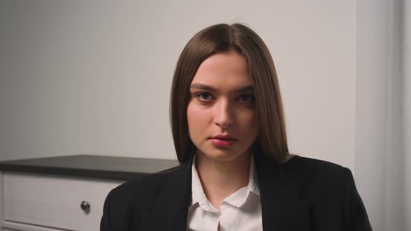 Portrait of Confident Young Attractive Businesswoman Looking at Camera Serious Successful Beautiful