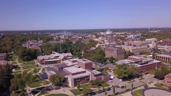 Wide aerial overview pan of buildings at Hope College in Michigan, USA