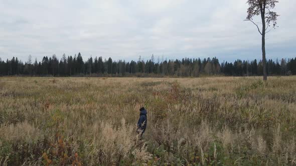 Woman in a Blue Jacket Walks Through an Autumn Field