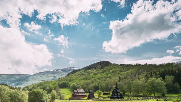 Borgund, Norway. Famous Landmark Stavkirke An Old Wooden Triple Nave Stave Church In Summer Day