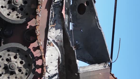 Vertical Video of a Destroyed Military Hardware in Bucha Ukraine