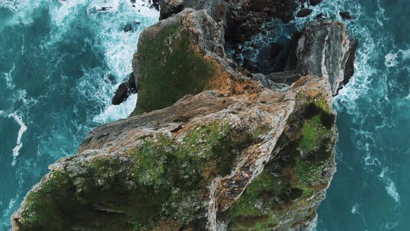 Aerial Top View Camera Flies Over Sharp Cliff of Atlantic Ocean in Cabo Da Roca