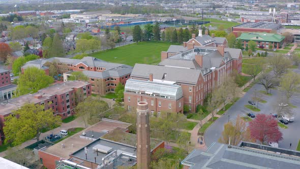 Aerial of prominent university in USA. Ivy League campus and grounds in USA.