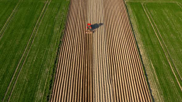 Aerial View of Tractor Performs Seeding on the Field