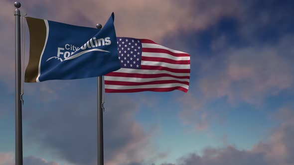 Fort Collins City Flag Waving Along With The National Flag Of The USA - 4K