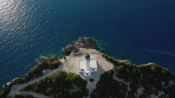 Drone view of lighthouse Cape of Ducato, Greek Ionian islands.