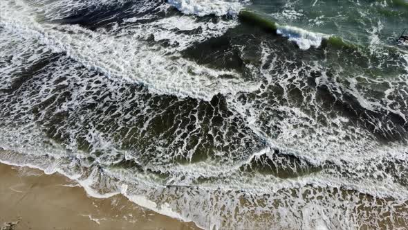 Aerial Drone View Flight Over Beautiful Sea Waves on Sand Beach with White Foam