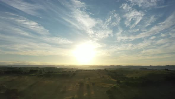 Sunset rural landscape aerial view. Nature scenery