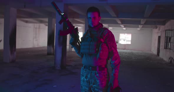 Portrait of Army Soldier Special Forces Fighter Modern Warfare Combatant with Dirty Face Combat