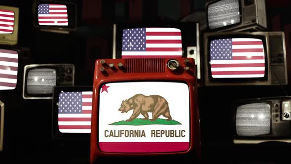 California State Flag and US Flags on Retro TVs.