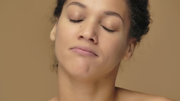 Beauty Portrait of Young African American Woman Reporting and Telling Lot of Interesting Information