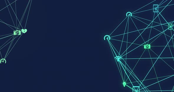 Animation of two globes of network connections with multimedia icons