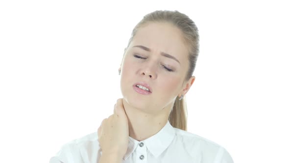 Neck pain , Tired Business Woman, White Background