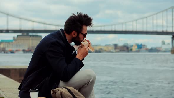 Businessman Lunch Eating Sandwich.Hungry Businessman Eating. Tired Businessman Eating Sandwitch 1