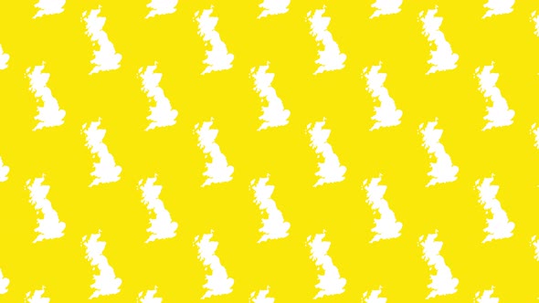 Britain country map silhouettes pattern on a yellow background seamless animation. Simple geographic
