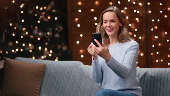 Joyful Lady Congratulating Relatives or Friends Videoconference Chat