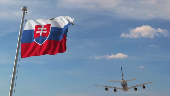 Airliner Flying Above National Flag of Slovakia