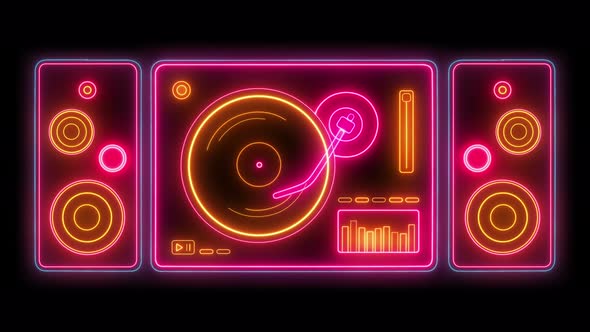 Retro Neon Vinyl Player With Loudspeakers On A Black Background