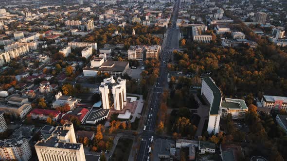 Aerial drone view on Chisinau city in autumn season. Presidency building. Moldova