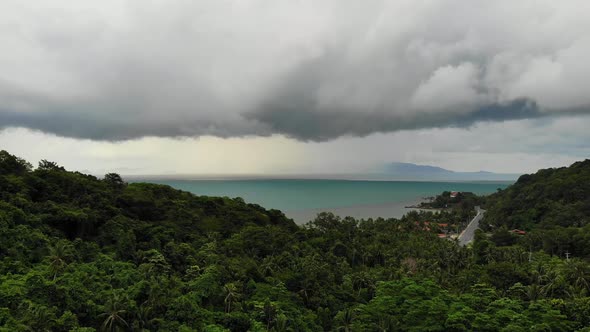 Overcast Sky Over Tropical Island. Gray Cloudy Sky, Green Palms on Koh Samui During Wet Season in