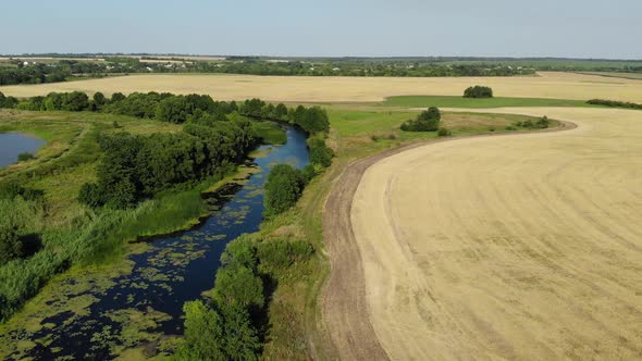 Flight Over Plain with River and Pond in July in Russia