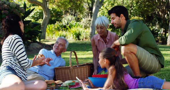 Family interacting while having meal in park 4k