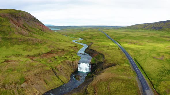 Flying Above the Thorufoss Waterfall in Iceland